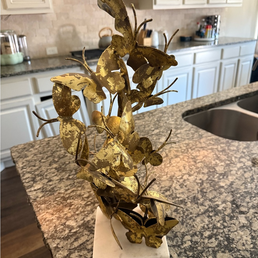 Jamie Young Gold Foil Butterfly Sculpture with a marble base